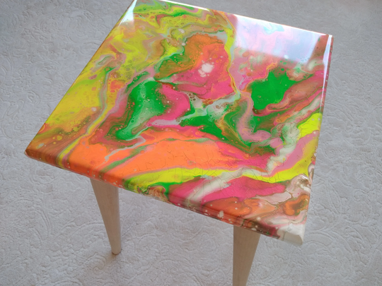 Small Pink Wooden Resin Sofa Coffee Table, Square End Epoxy Abstract Colorful Side Table, Modern Table, Unique Bedside Table