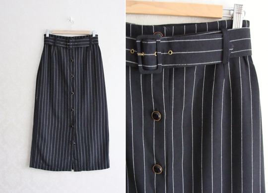 90S Black Pin Striped Midi Skirt, High Waist Pencil Skirt With Belt, Gothic Steampunk Clothing, Modern Secretary Office