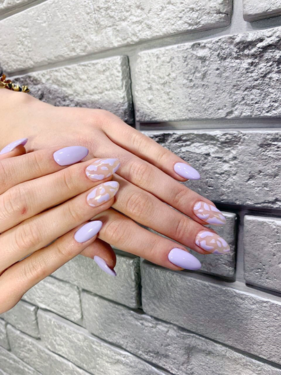 Set Of 20 False Press On Nails Swirls Purple Cow Print Fake Acrylic Reusable Assymetrical Spots