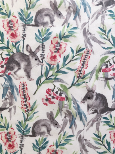 Bilby & Bottlebrush Flower White Floral Quilting Cotton Fabric By 1/4, 1/2 Yard Or Fat Quarter, Australian Native Wild Bush Animal