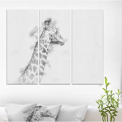 'Giraffe in Black and White Pencil Sketch' Drawing Print Multi-Piece Image on Wrapped Canvas
