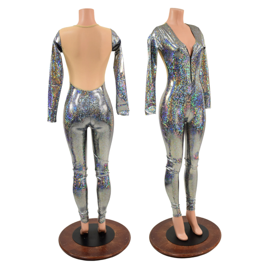 Sheer Mesh Back Catsuit in Silver Kaleidoscope With Almond Mesh, Long Sleeves, Scoop Neck, 11" Black Nylon Front Zipper 157826