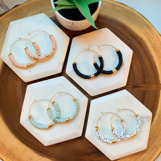 More Colors Heishi Beaded Wire Hoop Earrings & Bracelet Set, Bohemian Jewelry, Gold Hoops, Boho Earrings, Disc Bracelets, Gift
