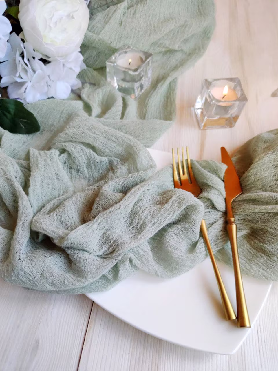 Sage Green Table Cloth, Gauze Runner, Cheese Cloth Birthday Runner Ru-109