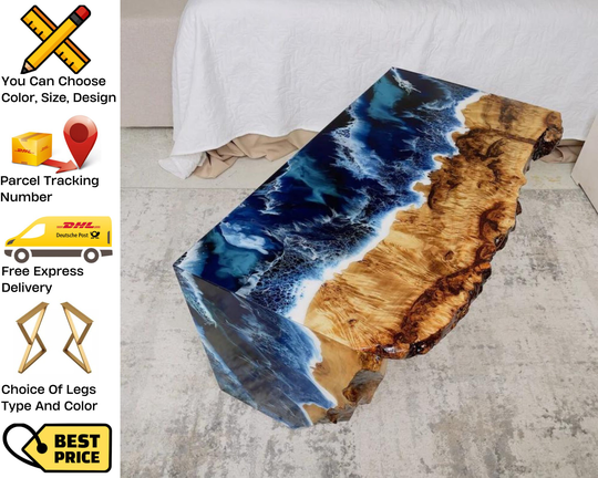 Epoxy Resin Ocean Coffee Table, Home Decor Blue Art, Live Edge Ocean, Handmade Natural Waterfall Table Bar