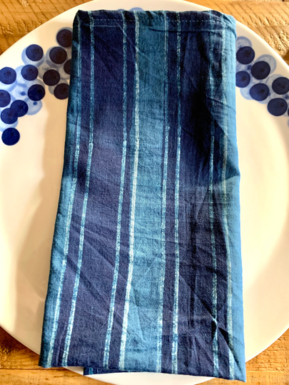 Blue Horizons Block Print Table Napkins, Natural Indigo Dye Cloth Linen, Setting, Lines Napkins