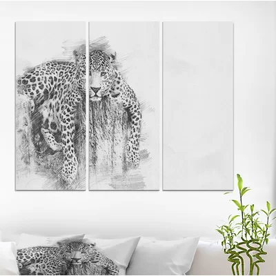 'Leopard in Black and White Pencil Sketch' Drawing Print Multi-Piece Image on Wrapped Canvas