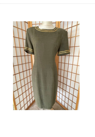 Amazing 80S Pencil Dress in Olive Green With Gold Trim. Form Fitted & Sleek Very Simple Lines Large Size