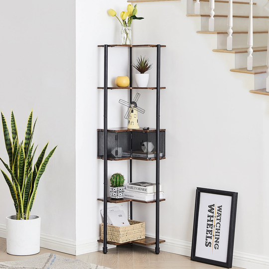 Freestanding 6-Tier Corner Shelf with Mesh Door Storage Wood Corner Bookcase/Bookshelf