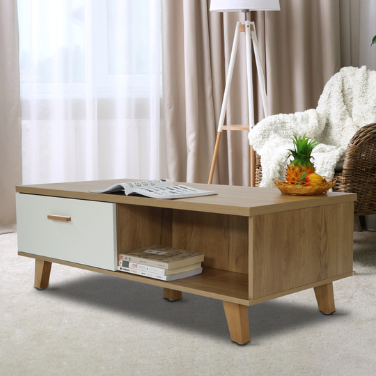 Coffee Table with Solid Wood Handles & Legs and 2 Drawers, Wood+White Color Computer Table