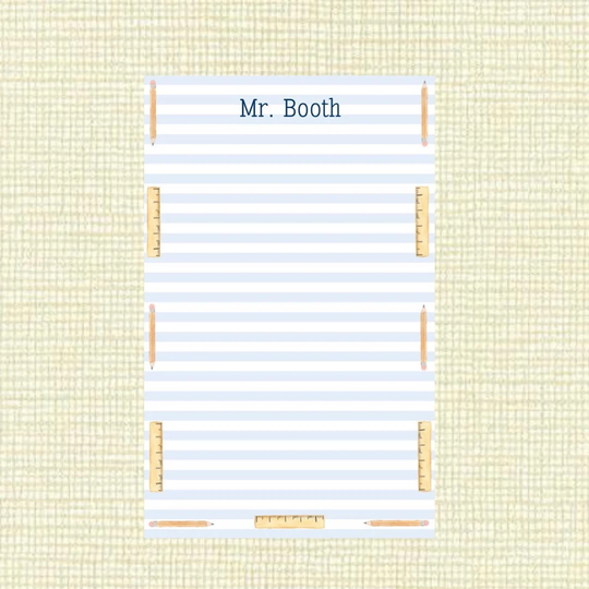Teacher Notepad - Pencil & Ruler Blue Stripe Design