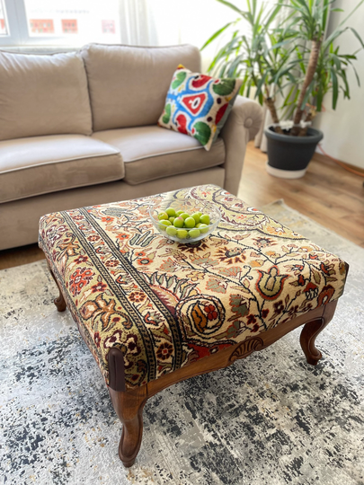 Vintage Rug Coffee Table, Square Coffee Ottoman Vintage Carpet Furniture, Authentic Table