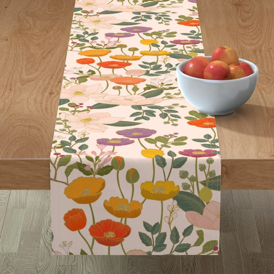 Cream Botanical Table Runner - Cloisonne Garden By Ceciliamok Poppies Romantic Chinoiserie Cotton Sateen Spoonflower