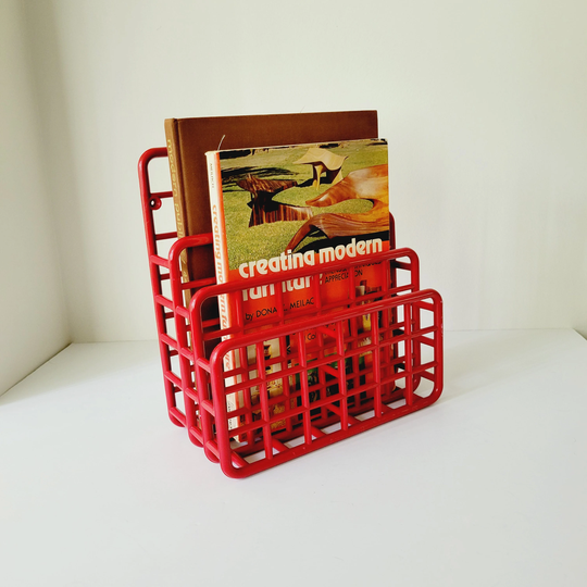 80S Plastic Modular Grid Red Yaffa Organizer File Holder. Vintage Basic Line Collectible Desk For Tabletop Or Hanging Storage