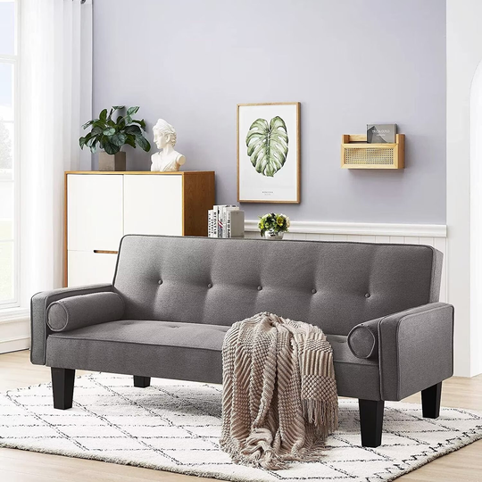 Mid Century Modern Tufted Upholstered Modern Convertible Sofa Bed, Reversible Sleeper Futon with 3 Angles and Pillows