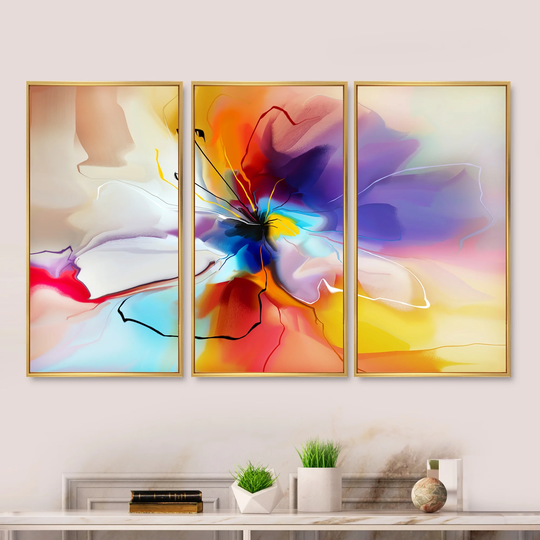 Designart 'Creative Flower in Multiple Colors' Abstract Framed Art Prints Set of 3 - 4 Colors of Frames