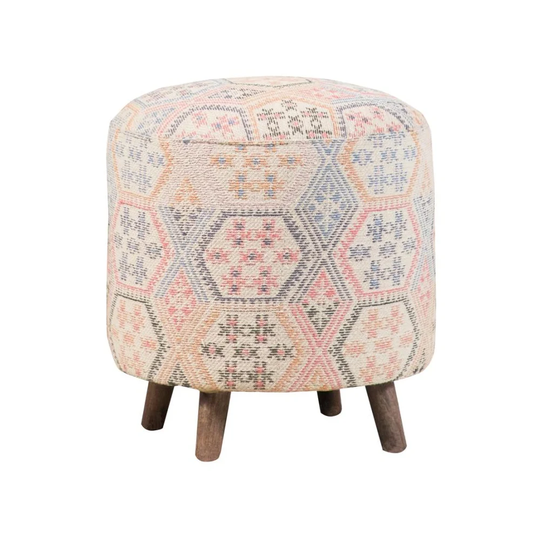 Pattern Round Accent Stool with Wood Legs in Multi-Color