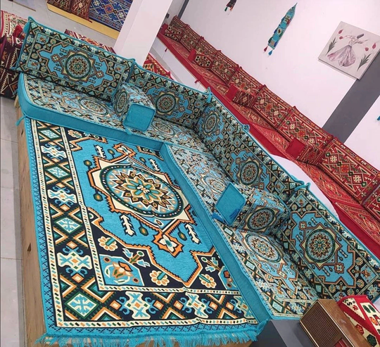 L Shaped Turqoise Oriental Floor Seating Sofa Set Floor Cushion Turkish Home Decor Moroccan Kilim Yoga Meditation Pillows Palette Couch Set