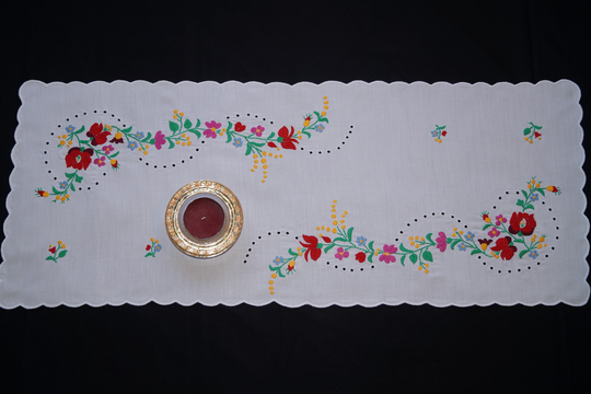 Hungarian Kalocsa Table Runner 84/34 cm, Hand Embroidered Home Decoration, White Folk Runner, Colorful Embroidery, Flower Decor