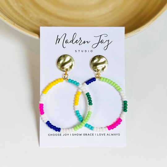 Colorful Bead Earrings Dangle Boho, Y2K Earrings, Asymmetrical Earring, Hoops, Bright Colored Spring Summer 90's