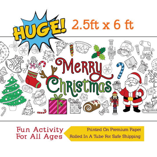 Christmas Coloring Banner, Poster, Holiday Paper Tablecloth, Activity - 30" X 72" Inches