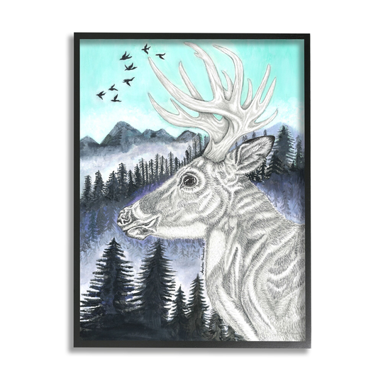 Stupell Industries Elk Pencil Pattern Portrait Blue Mountain Forest Landscape Framed Wall Art