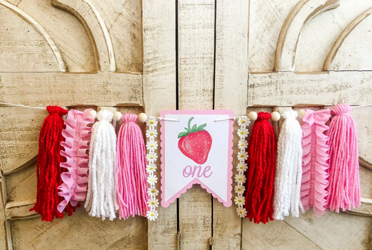 strawberry Birthday High Chair Yarn Tassel Banner, Cake Smash Backdrop First