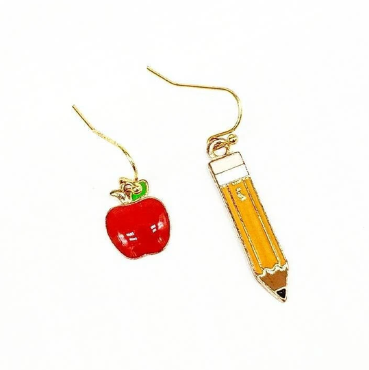 Pencil & Apple Teacher Earrings, Dainty Mismatched Preschool Dangles, Back To School Appreciation Gift, Elementary Jewelry Present