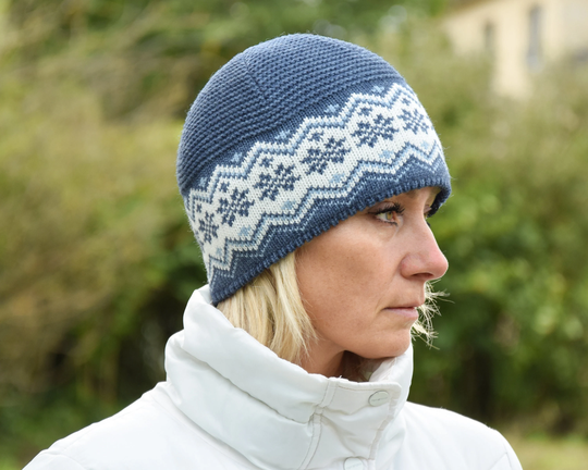 Blue Nordic Woolen Hat With Selbu Stars Fair Isle Beanie Ski Hat For Men & Women Fleece-Lined Scandinavian Winter Textured Knit