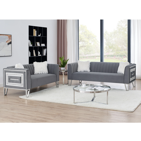 2 Piece Living Room Sofa Set, With Mirrored Side Trim With Faux Diamonds And Stainless Steel Legs, Four White Villose Pillow
