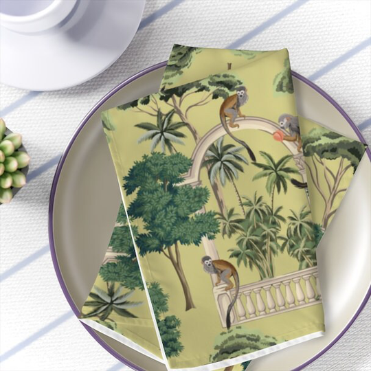 Chinoiserie Home Decor Tropical Table Napkins Vintage Dinner Napkins Pale Yellow Green Kitchen Jungle Table Decoration Palm Trees