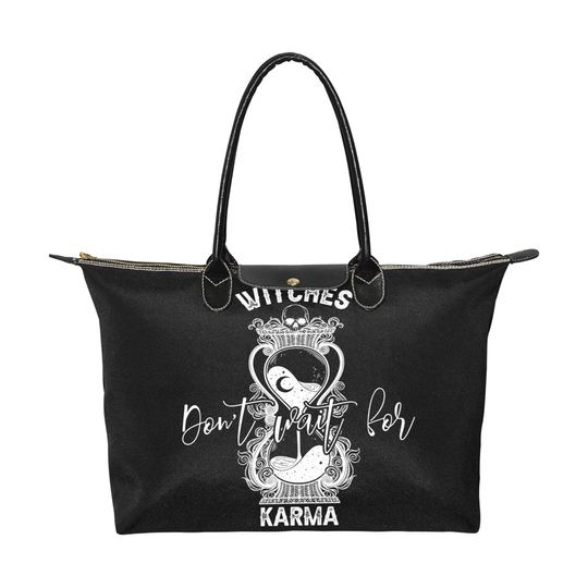 Black Hourglass Witches Don't Wait For Karma Handbag, Witchy Boho Zip Tote, Pagan Witch Occult Aesthetic Art Bag With Vegan Leather Handles