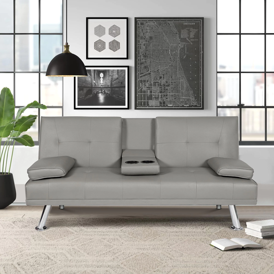 Mieres PU Leather Tufted Back Convertible Sofa, Livingroom Couch Futon Sleeper with Steel Frame and Cup Holder