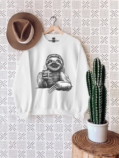 Hipster Sloth With Coffee, Coffee Sweatshirt, Cute Pencil Drawing Sweater, Lover Gift, Hoodie, Addiction