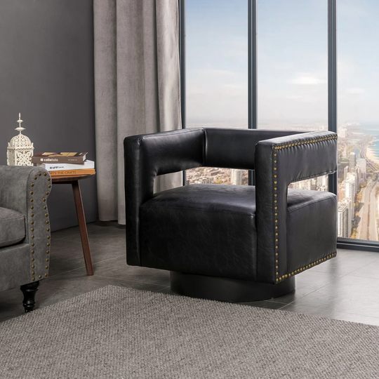Bortolotti Contemporary Swivel Nailhead Trim Barrel Chair with Open Back and Metal Base