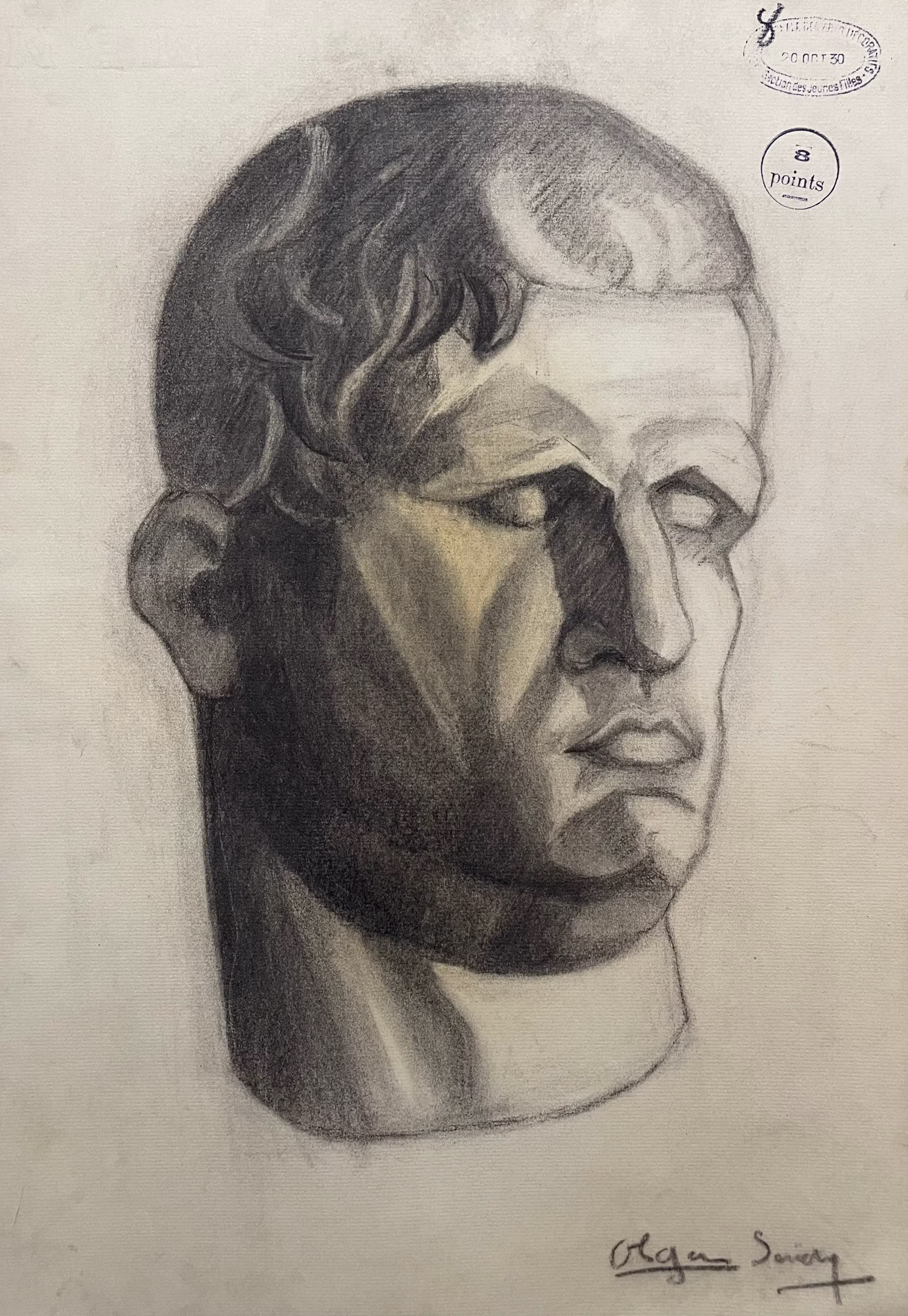 1930S French Pencil Drawing. Portrait Of Ancient Roman Man. Academic