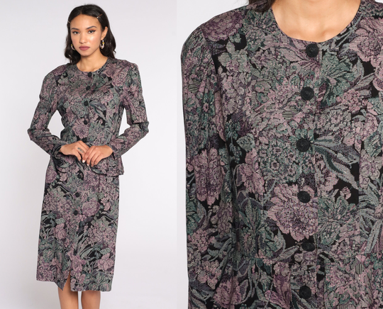 80S Floral Tapestry Dress Peplum Button Up Midi Black Purple 1980S Puff Sleeve Fitted Pencil Secretary Long Medium 8