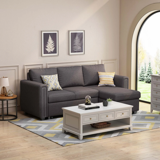Modern Pull Out Sleeper Sofa Reversible L-Shape 3 Seat Sectional Couch