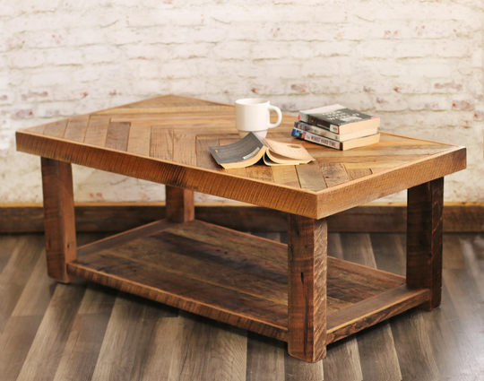 Barn Wood Coffee Table With Bottom Shelf- Herringbone - Farmhouse