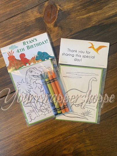 Dinosaur T-Rex Dino Coloring Pages Party Favors Bags & Toppers Personalized Assembled With 3 Crayons