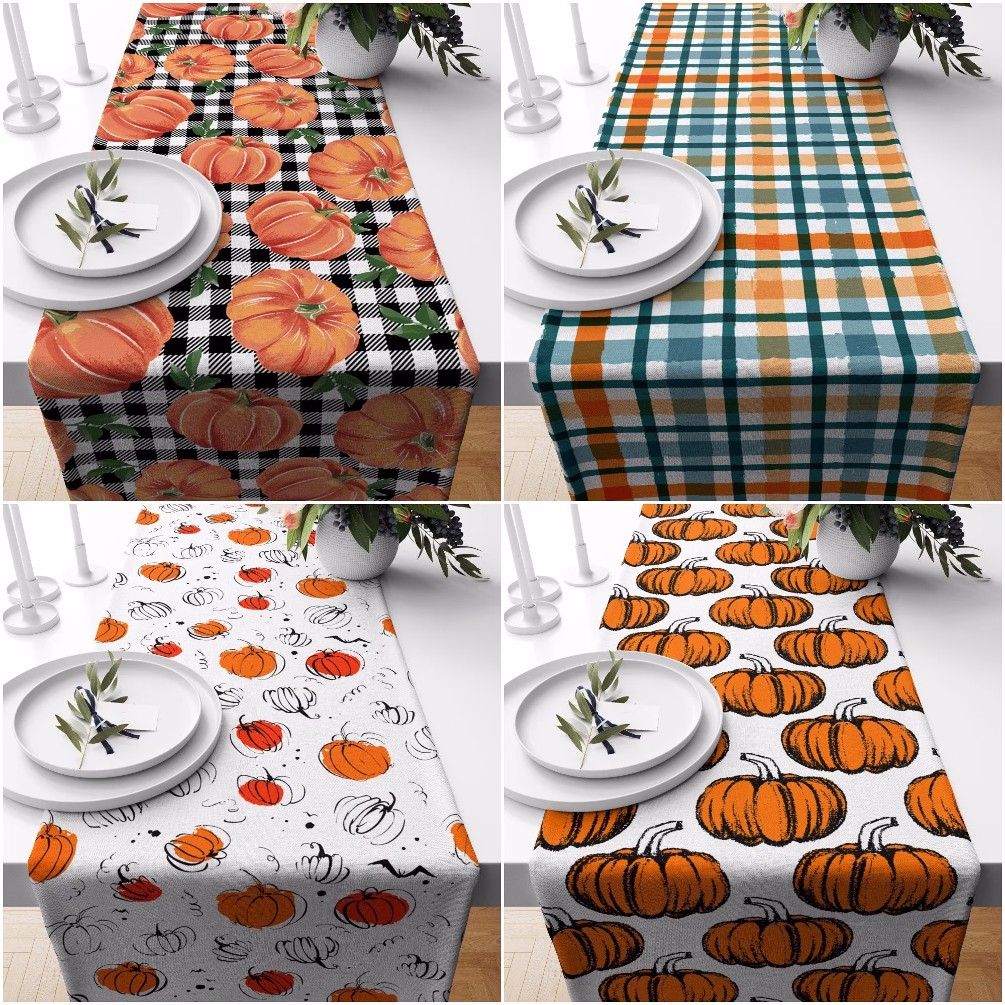Fall Trend Table Runner|Orange & White Pumpkin Runner|Checkered Themed Home Decor|Farmhouse Style Tabletop|Pumpkin Linen