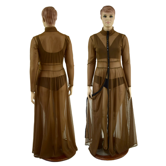 Open Front Breakaway Gown in Sheer Cocoa Mesh With Long Sleeves, Snaps, & Turtleneck 1579183