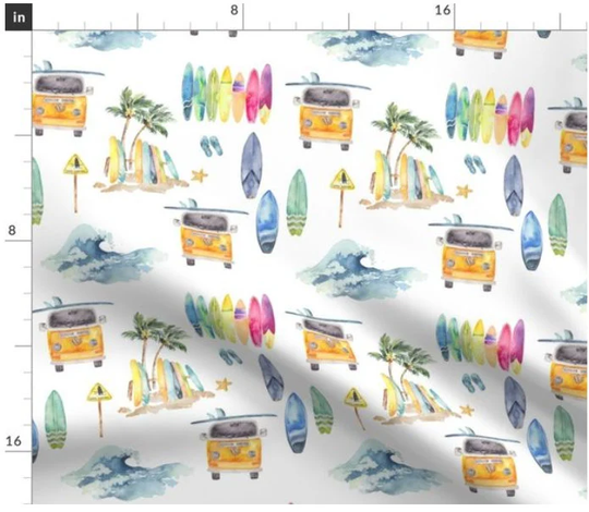 Surf's Up Fabric By The Yard | Vintage Van Surf Boards Hippie Surfer Retro Summer Beach Boho Custom