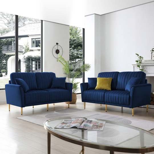 2-Piece Velvet Upholstered Living Room Sofa Set, Including 2 Pieces 2 -Seater Sofa With Channel Tufted And Revsible Pillows