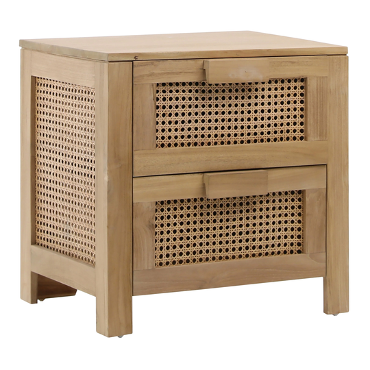 Elliana Teak and Woven Rattan 2-Drawer Storage Side Table in a Natural Finish