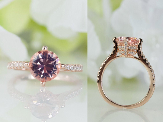 Stunning 2.00 Morganite Color Cubic Zirconia Ring in Rose Gold-Plated Sterling Silver, Engagement Ring, Anniversary Travel | 051