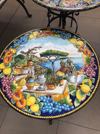 Italian Volcanic Lemon Outdoor Table With Ravello Landscape Iron Base Decor