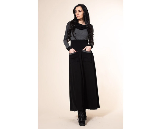 Long Knitted Dress in Black & Gray/Casual Midi Plus Size Maxi Pencil Flared Floor Length Winter