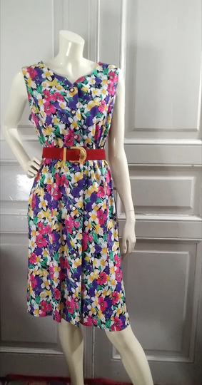 80S Colorful Dress Sleeveless Floral Print Summer Romantic Probably Viscose Boxy Pop-Art Button Multi-Colored