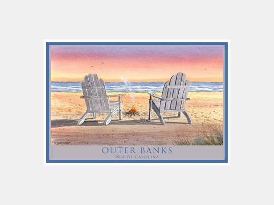 Outer Banks Adirondack Chairs Beach Giclee Art Print Poster From Watercolor By Artist Dave Bartholet